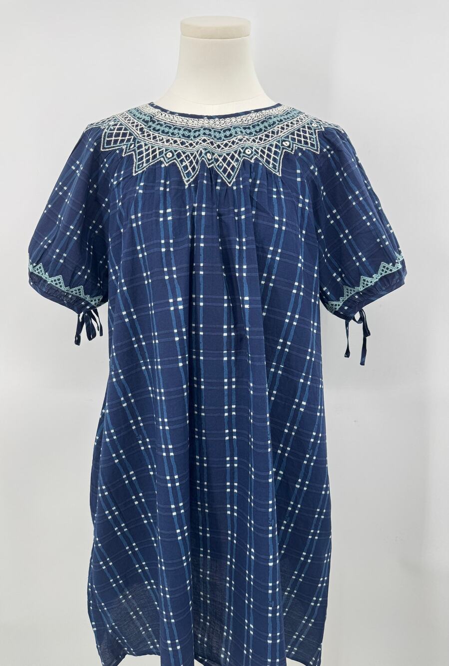 Madewell Blue Embroidered Puff-Sleeve Babydoll Dress in Indigo Plaid M NWT